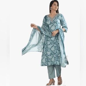 Indian Outfit Ocean Blue Jaipuri Pure Cotton Kurti Pant With Dupatta